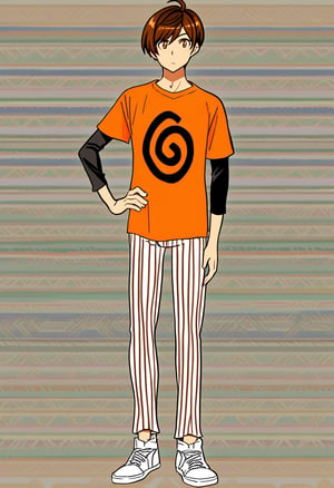 solo, looking at viewer, brown hair, shirt, 1boy, brown eyes, standing, full body, male focus, shoes, striped pants, hand on hip, white footwear, t-shirt, orange shirt, spiral print shirt, sneakers, mizuhara chizuru