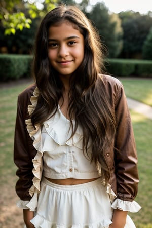 a 12 year old Latina girl, (((12yo))), solo, cute girl with dark brown hair, and expressive eyes,Full body, light brown eyes, her expression is happy, a natural elegance in her bearing. Rosa is a strong and determined girl, just like her mother. She is passionate and loving, but can also be stubborn and stubborn. She has a crush on her childhood friend named Zach. She usually dresses in comfortable but elegant clothing, ((a jacket, long Blouse with ruffles and a long skirt)), 1girl, full body, masterpiece, best quality, high resolution, 8K, HDR, bloom, raytracing, detailed shadows, bokeh, depth of field, film photography, film grain, glare, (wind:0.8), detailed hair, ultra detailed eyes, cinematic lighting, (hyperdetailed:1.15),