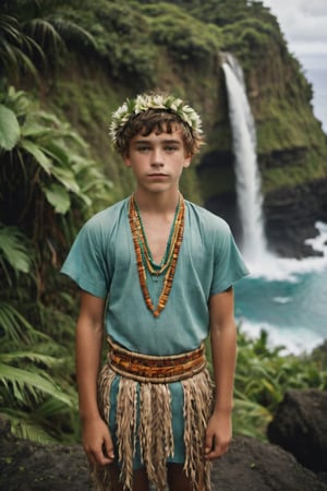 cinematic film still, full body, portrait of 16 year old Irish American boy named Steve, wearing traditional Polynesian clothing, short hair; pacific island with waterfall in the background, ambient light, Nikon 15mm f/1.8G, by Alessio Albi, by Annie Leibowitz, by Lee Jeffries