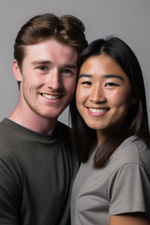30 year old Irish American boy with brown hair wearing a t shirt, with his best friend who is a 29 year old Asian American girl wearing a skirt,