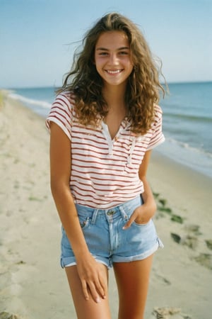 Here's the prompt:

photo of a rich 18-year-old mixed with Brazilian and German tomboy model, with long, wavy hair and a bright, cute smile, posed in a relaxed stance on Cape Cod. She sports a casual look, dressed in cargo shorts and red short sleeves shirt,  exuding a laid-back 'guy' vibe. She has unshaven legs, Her hazel eyes sparkle under the soft lens of a Kodak Ultra Max disposable camera, capturing her effortless tomboy charm in a full-body shot that's both carefree and captivating.