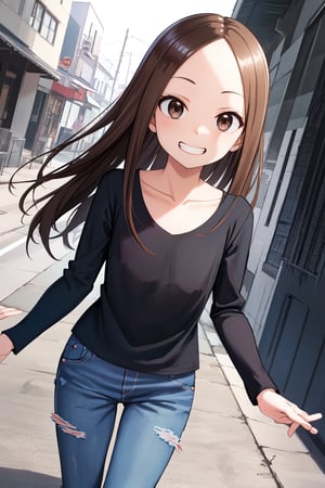 A stunning masterpiece, aatakagi, A girl with long, flowing hair, her collarbone prominent as she walks confidently down the street. She is giving a grin, She wears a fitted black shirt with long sleeves, paired with distressed blue jeans. The framing is cinematic, a cowboy-shot perspective that captures her essence as she strides effortlessly into the frame.