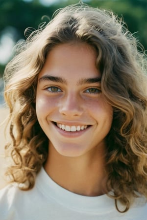 photo of a rich 18-year-old mixed with Brazilian and German tomboy model, living in Cape Cod, long masculine wavy hair, cute smile and face,  teenager, tomboy, hazel eyes, Kodak ultra max disposable cinematic photography, soft lense