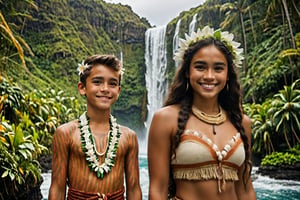 cinematic film still, full shot of 15 year old teenage Irish American boy named Steve, wearing traditional Polynesian clothing, short hair; standing beside beautiful and sexy 30 year old Polynesian woman named Moana, smiling; pacific island with waterfall in the background, ambient light, Nikon 15mm f/1.8G, by Alessio Albi, by Annie Leibowitz, by Lee Jeffries