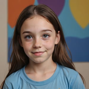 Zoey, a bright-eyed 9-year-old with long dark brown hair, radiant smile, and subtle freckles on her nose, school portrait, studio background, her blue shirt standing out against soft features and gentle crease on her forehead. Her eyes shine with enthusiasm as she gazes confidently into the frame. As a closeted trans person who wants to be a boy, Zoey's presence takes center stage amidst blurred background colors. A gentle flush rises to her cheeks as she thinks of her childhood friend Zach, the object of her secret crush. 2006