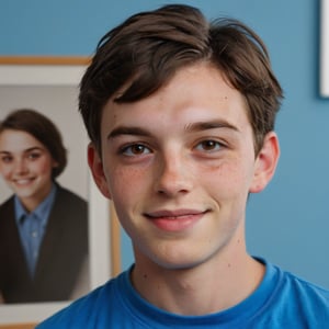 Close-up shot of Zach, a bright-eyed 18 year old transgender boy with short, dark brown hair, beaming with a warm smile in front of the camera. Feminine looking boy, think, Framed against a clean and modern school photo setting, blue shirt bold against soft features. Freckles on nose, crease on forehead subtly captured. Zach's confident demeanor takes center stage amidst blurred background colors. Zach has a major crush on his childhood friend named Zach