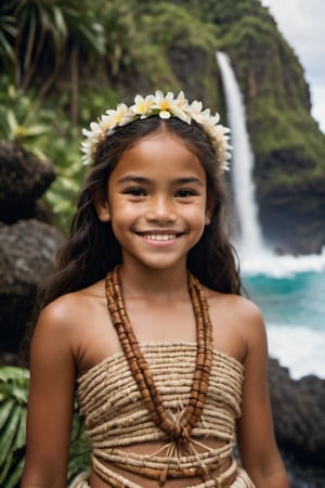 cinematic film still,Portrait of a 10 year old  polynesian girl named Moana, wearing traditional Polynesian clothing, smiling; pacific island with waterfall in the background, ambient light, Nikon 15mm f/1.8G, by Alessio Albi, by Annie Leibowitz, by Lee Jeffries