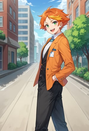 score_9, score_8_up, score_7_up, source_anime, highly detailed, amanda, 1girl, solo, formal, green eyes, hand in pocket, suit, orange hair, short hair,multicolored hair, looking at viewer, two-tone hair, reverse trap, pants, smile,open mouth, tuxedo, hair back,outdoor, 