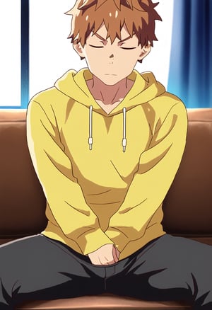 An animated animated image of KINOSHITA KAZUYA sitting on a bench. The man is wearing a green shirt and black pants. His hair is short and brown. His eyes are blue and he has an aroused look on his face. His left hand is touching his crotch . His arms are crossed over his chest. His head is turned to the right and his mouth is slightly open. He has a yellow hoodie over his shirt. His pants are black and his arms are folded over his left shoulder. He is sitting on a couch, spread legs. The wall behind the man is white and there is a window to the left of the man.