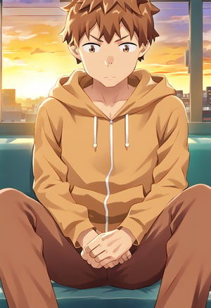 solo, brown hair, 1boy, brown eyes, sitting, jacket, male focus, pants, indoors, spread legs, hood, window, hoodie, looking down, sunset, KINOSHITA KAZUYA