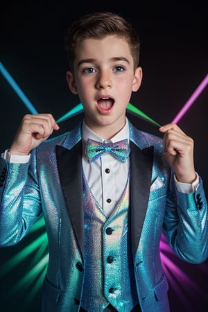 a young Irish American boy in a tuxedo with a chevron pattern, holographic!!!, shimmering and prismatic, holographic material, holographic, sparkly, holographic suit, mouth wide open, shocked,surprised 