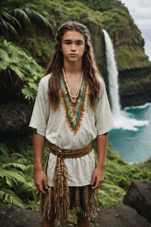 cinematic film still, full body, portrait of 15 year old Irish American teenage boy named Steve, wearing traditional Polynesian clothing, long hair; pacific island with waterfall in the background, ambient light, Nikon 15mm f/1.8G, by Alessio Albi, by Annie Leibowitz, by Lee Jeffries