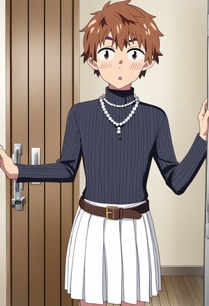 1boy, solo, short  hair, looking at viewer, blush, open mouth, skirt, brown hair, brown eyes, long sleeves, jewelry, standing, pleated skirt, parted lips, belt, indoors, necklace, sweater, turtleneck, white skirt, ribbed sweater, beads, turtleneck sweater, door, brown belt, black sweater, pearl necklace, KINOSHITA KAZUYA 