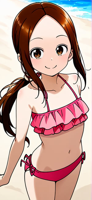 aatakagi, solo, aged up, long hair, brown hair, low ponytail, parted bangs, frilled pink bikini, standing on beach, She has a cowboy shot framing, smiling, The scene is brightly lit, capturing her relaxed pose and the vibrant beach setting.