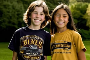 13 year old Irish American boy with short brown hair wearing a t shirt, with his best friend who is a 12 year old Asian American tomboy girl with long hair.
