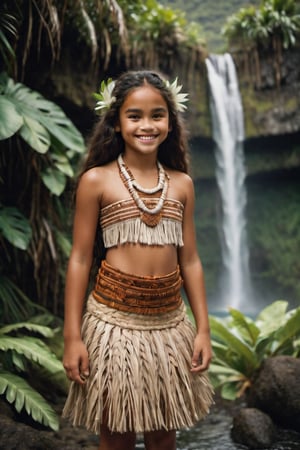 cinematic film still, full body, Portrait of a 12 year old polynesian girl named Moana, wearing traditional Polynesian clothing, smiling; pacific island with waterfall in the background, ambient light, Nikon 15mm f/1.8G, by Alessio Albi, by Annie Leibowitz, by Lee Jeffries