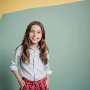 Solo, Zoey, an 11-year-old girl with long, dark brown hair and bright eyes, beaming with a big wide open smile in a clean and modern school photo backdrop, her plaid button down shirt pops against soft features. Wearing pants and sneakers, upper body, Freckles on her nose and a subtle crease on her forehead. As a closeted trans person who wants to be a boy, Zoey's presence takes center stage amidst blurred background colors. A gentle flush rises to her cheeks as she thinks of her childhood friend Zach, the object of her secret crush.