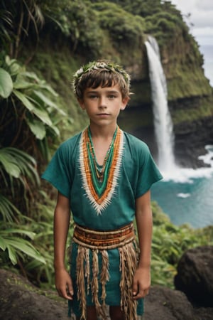 cinematic film still, full body, portrait of 10 year old Irish American preteen boy named Steve, wearing traditional Polynesian clothing, short hair; pacific island with waterfall in the background, ambient light, Nikon 15mm f/1.8G, by Alessio Albi, by Annie Leibowitz, by Lee Jeffries