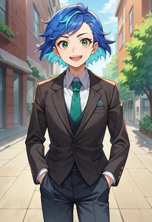 score_9, score_8_up, score_7_up, source_anime, highly detailed, amanda, 1girl, solo, formal, green eyes, hand in pocket, suit, necktie, blue hair, short hair, looking at viewer, two-tone hair, reverse trap, pants, smile,open mouth, tuxedo, hair back,outdoor, 
