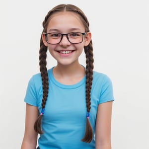 13 year old girl girl smiling in front od the camera, dark brown hair, twin braids, opaque glasses, nerdy, blue shirt, vivid colors and ultra-HD quality, white background. 