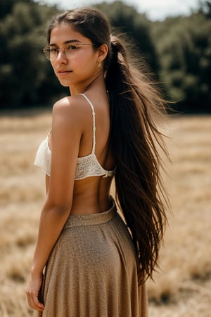 a 17 year old Latina girl, (((17yo))), beautiful teenage girl with dark brown hair, tied back in a ponytail, and expressive eyes, with round glasses. She has a slender figure, Full body, brown eyes, her expression is tough but calm, a natural elegance in her bearing. Rosa is a strong and determined girl, just like her mother. She is passionate and loving, but can also be stubborn. She has a major crush on her childhood friend 13 year old Irish American boy named Zach. She dresses in clothing, ((a long dress and a long skirt)), 1girl, full body, masterpiece, best quality, high resolution, 8K, HDR, bloom, raytracing, detailed shadows, bokeh, depth of field, film photography, film grain, glare, (wind:0.8), detailed hair, ultra detailed eyes, cinematic lighting, (hyperdetailed:1.15),