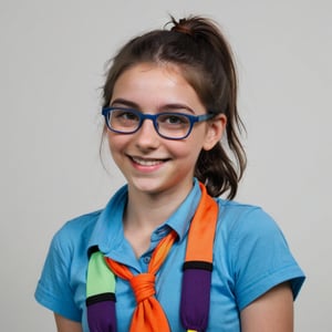 13 year old girl girl smiling in front od the camera, dark brown hair, tied in ponytail, glasses, nerdy, blue shirt, vivid colors and ultra-HD quality, white background. 