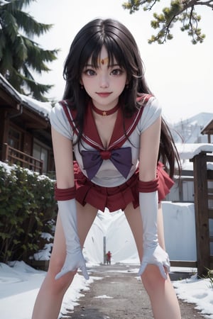 masterpiece, best quality, highres, sama1, tiara, sailor senshi uniform, white gloves, red sailor collar, red skirt, star choker, elbow gloves, pleated skirt, bare legs, purple bow, sexy, outdoors, pantyshot, sexy, point of view, full body, want to hug, forest, standing, close-up, very close, reaching close to viewer, close view to viewer, reaching, reaching towards viewer, busty, leaning forward, pride, confident, happy, smiling, detailedface, detailed face, long hair, protective, positive, positivity, white panty, red heels, snow, night
