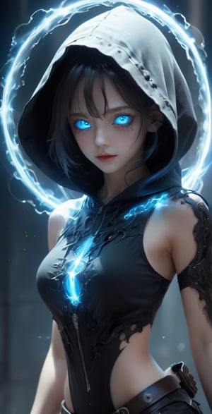 ((Dark)),epic,8k,fantasy,ultra detailed,Magic,((hood)),(hoodie),((((hair over one eye)))),casting spell,blackhole,menancing,((glowing eyes)) ((BLUE eyes)),((glowing)),((Bloom)),magnificent,Masterpiece,absurdres,best quality,standing,1girl,human,evil,evil grin,apocalypse,destruction,end of the world,crazy eyes,Crazy,psycothic,looking down,superior,(sadistic),((demoniac)),spear,spectral,ghostly,circle,rim,rim light,crescent,abyssal,Shorts,groin,hip bones,hip lines cowboy shot,Magic Circle,excessive energy,scifi,abyssaltech,dark energy,ethereal,dissolving,see-through,abyss,antitech,scifi,pure energy,thighs,more detail XL