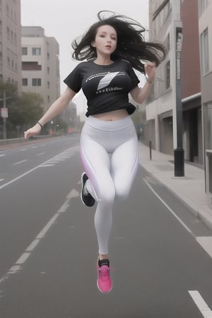 a hot weightless white girl with large breasts and dark hair flying and floating while wearing a pair of leggings, running shoes, and a T-shirt as she levitates in the city and floats high above the sidewalk as she flirtatiously floats by