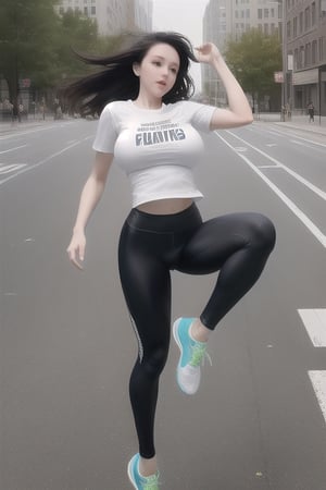 a hot weightless white girl with large breasts and dark hair flying and floating while wearing a pair of leggings, running shoes, and a T-shirt as she levitates in the city and floats high above the sidewalk as she leans back and flirtatiously floats by