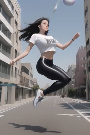 a hot weightless white girl with large breasts and dark hair flying and floating while wearing a pair of leggings, running shoes, and a T-shirt as she levitates in the city and floats high above the sidewalk as she leans forward and flirtatiously floats by