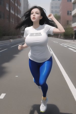 a hot weightless white girl with large breasts and dark hair flying and floating while wearing a pair of leggings, running shoes, and a T-shirt as she levitates in the city and floats high above the sidewalk as she leans forward and flirtatiously floats by