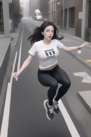 a hot weightless white girl with large breasts and dark hair flying and floating while wearing a pair of leggings, running shoes, and a T-shirt as she levitates in the city and floats high above the sidewalk as she flirtatiously floats by