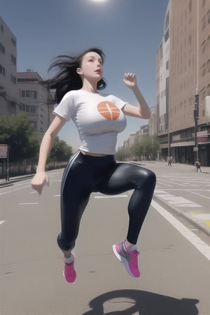 a hot weightless white girl with large breasts and dark hair flying and floating while wearing a pair of leggings, running shoes, and a T-shirt as she levitates in the city and floats high above the sidewalk as she flirtatiously floats by