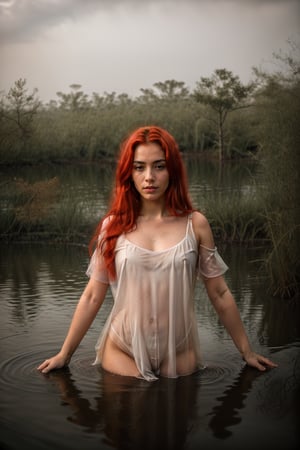 Realistic image of a girl with red hair, white skin, black eyes and a calm expression, wearing a transparent nightgown, in a wide swamp at dusk. The scene captures stagnant water and lots of mud, with some reptiles visible. The environment is shrouded in fog, contributing to a mysterious and gloomy atmosphere. Subtle reflections in the water add depth to the composition