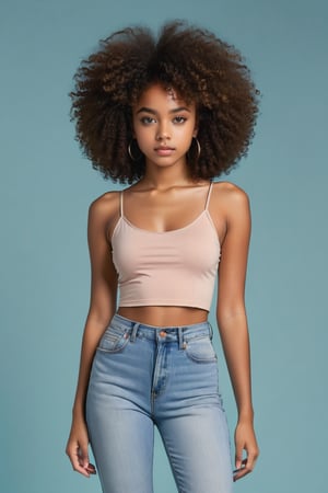 black teen girl,  8k, {beautiful and detailed eyes}, delicate facial features, real hands, curly hair, full body, beautiful eyes, afro hairstyle, skinny, confidente look, aw0k, euphoric style, detailmaster2, no background, lookting to the camera, chroma key background, staring to the camera, front view, full body, realistic