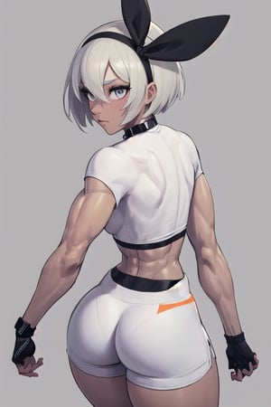 (masterpiece, best quality, ultra-detailed), 1girl, solo, eyelashes, full_face, absurdres, big_butt, wide_hips, thick_thighs, muscular, pokemonbea, silver_eyes, dark_skin, dark-skinned_female, grey_hair, hair_between_eyes, short_hair, ribbon, hair_ribbon, hairband, black ribbon, black_hairband, black_bodysuit, covered_navel, shorts, single_glove, glove, crop_top, white crop_top, short_sleeves, collar, white_shorts, from_behind, small_breasts, abs, muscular_female, devilhs,
