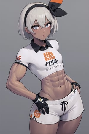 (masterpiece, best quality, ultra-detailed), 1girl, solo, eyelashes, full_face, absurdres, big_butt, wide_hips, thick_thighs, muscular, pokemonbea, silver_eyes, dark_skin, dark-skinned_female, grey_hair, hair_between_eyes, short_hair, ribbon, hair_ribbon, hairband, black ribbon, black_hairband, black_bodysuit, covered_navel, shorts, single_glove, glove, crop_top, white crop_top, short_sleeves, collar, white_shorts, from_behind, small_breasts, abs, muscular_female, devilhs,