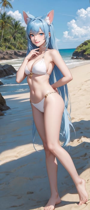 Anime girl with beautiful eyes, High Resolution, Complex Details, ears, tail, long blue hair, tanned skin, feets, standing and posing for a photo with her hands clasped above her head., in the beach, smile: 0.8, brown: 1.2, pale light, (masterpiece, top quality, super detailed, high resolution, highly detailed) 
