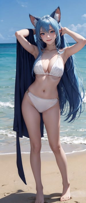 Anime girl with beautiful eyes, High Resolution, Complex Details, ears, tail, long blue hair, tanned skin, feets, standing and posing for a photo with her hands clasped above her head., in the beach, smile: 0.8, brown: 1.2, pale light, (masterpiece, top quality, super detailed, high resolution, highly detailed) 