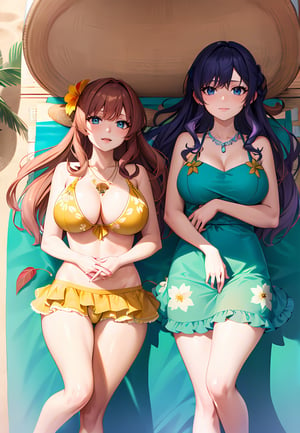 ((best quality)), ((highly detailed)), masterpiece, absurdres, detailed face, beautiful face, (detailed eyes, deep eyes), (2girl), cowboy shot, leaf clothing, ((coconutbra)), coconut, hug,  collarbone, leaf skirt, ((flower necklace, lei)), ((flower in hair)),  at a beach, palm trees, waves, lora:concept_sunbathing:1, sunbathing, lying, beach towel, beach umbrella, tropical drink, (from above), shell bikini
