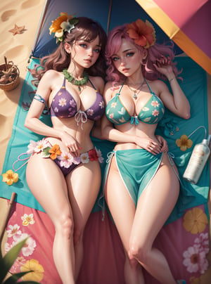 ((best quality)), ((highly detailed)), masterpiece, absurdres, detailed face, beautiful face, (detailed eyes, deep eyes), (2girl), cowboy shot, leaf clothing, ((coconutbra)), coconut, hug,  collarbone, leaf skirt, ((flower necklace, lei)), ((flower in hair)),  at a beach, palm trees, waves, lora:concept_sunbathing:1, sunbathing, lying, beach towel, beach umbrella, tropical drink, (from above), shell bikini
