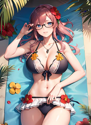 ((best quality)), ((highly detailed)), masterpiece, absurdres, detailed face, beautiful face, (detailed eyes, deep eyes), (1girl), (glasses), cowboy shot, leaf clothing, ((coconutbra)), coconut, collarbone, leaf skirt, ((flower necklace, lei)), ((flower in hair)),  at a beach, palm trees, waves, lora:concept_sunbathing:1, sunbathing, lying, beach towel, beach umbrella, tropical drink, (from above), shell bikini
