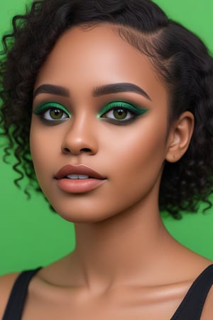 A young African woman with curly dark hair wearing a black top, and bold green eyeshadow, looking directly at the camera with a warm, friendly smile,<lora:659095807385103906:1.0>