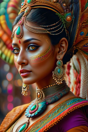 (best quality,highres:1.2), ultra-detailed, realistic, professional, surreal, psychedelic, highly detailed digital painting, mid shot, Indian traditional dancer, face, detailed eyes, detailed lips, intricate, elegant, lithe, smooth, sharp focus, ArtStation, concept art, illustration, colourful, vibrant, dynamic lighting