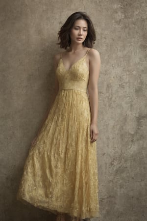 Create a long shot of a woman in a yellow dress standing against a textured wall. The individual is wearing an elegant, yellow dress with intricate designs. The dress has a deep V-neckline and thin straps, accentuating the upper body. A textured wall with peeling paint serves as the backdrop, adding an artistic and rustic touch to the image. An antique vase is visible to the right of the individual, complementing the vintage aesthetic of the scene. The lighting casts soft shadows, enhancing the mood and texture of both the dress and background.