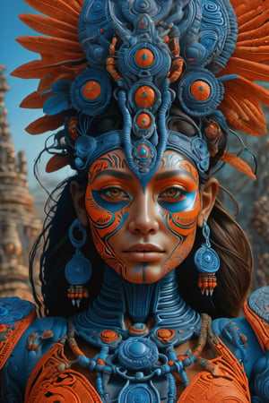 ultra-detailed, realistic, professional, surreal, psychedelic, highly detailed digital painting, a mid image of a woman with a face painted in blue and orange, Mayan priestess, Mayan warrior goddess, Mayan princess portrait, Mayan sun goddess, colourful digital fantasy art, 4k highly detailed digital art, beautiful digital artwork, 4k detailed digital art, beautiful art uhd 4 k