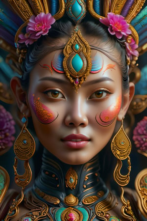 (best quality,highres:1.2), ultra-detailed, realistic, professional, surreal, psychedelic, highly detailed digital painting, mid shot, ancient Thai dancer, face, detailed eyes, detailed lips, intricate, elegant, lithe, smooth, sharp focus, ArtStation, concept art, illustration, colourful, vibrant, dynamic lighting