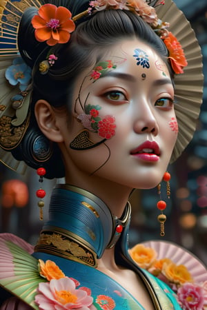 (best quality,highres:1.2), ultra-detailed, realistic, professional, surreal, psychedelic, highly detailed digital painting, mid shot, Japanese geisha, face, detailed eyes, detailed lips, intricate, elegant, lithe, smooth, sharp focus, ArtStation, concept art, illustration, colourful, vibrant, dynamic lighting