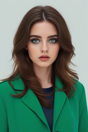 A young Caucasian woman with long wavy brown hair, wearing a green jacket , and bold blue eyeshadow , looking directly at the camera with a serious expression, againts a simple white background,<lora:659095807385103906:1.0>